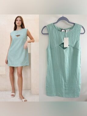 HEVRON Tahlia Linen Cutout Mini Dress in Seafoam